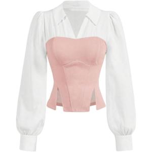 imageMakeMeChic Womens Color Block Collar V Neck Long Sleeve Split Hem Blouse Shirt TopsPink and White