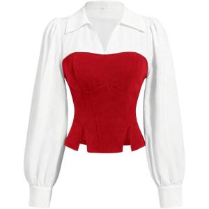 imageMakeMeChic Womens Color Block Collar V Neck Long Sleeve Split Hem Blouse Shirt TopsRed and White