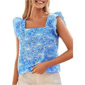 imageMakeMeChic Womens Floral Print Blouse Flutter Sleeve Ruffle Square Neck Summer Boho ShirtBlue