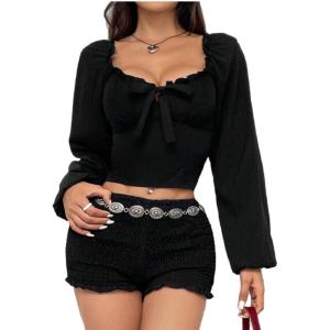 imageMakeMeChic Womens Off Shoulder Long Sleeve Blouse Sweetheart Neck Lettuce Trim Crop TopBlack