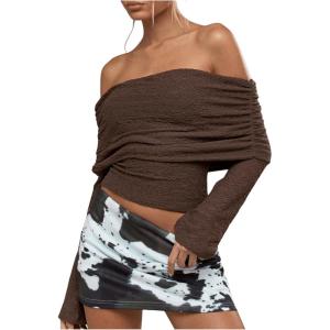 imageMakeMeChic Womens Ruched T Shirt Long Sleeve Off The Shoulder Textured Slim Fit Tee TopsCoffee Brown