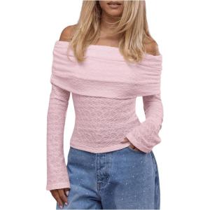 imageMakeMeChic Womens Ruched T Shirt Long Sleeve Off The Shoulder Textured Slim Fit Tee TopsPink