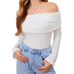 imageMakeMeChic Womens Ruched T Shirt Long Sleeve Off The Shoulder Textured Slim Fit Tee TopsWhite