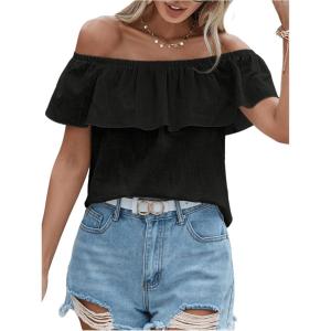 imageMakeMeChic Womens Ruffle Trim Off Shoulder Blouse Short Sleeve Casual Shirt Summer TopsBlack