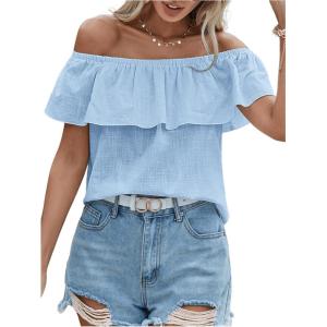 imageMakeMeChic Womens Ruffle Trim Off Shoulder Blouse Short Sleeve Casual Shirt Summer TopsBlue
