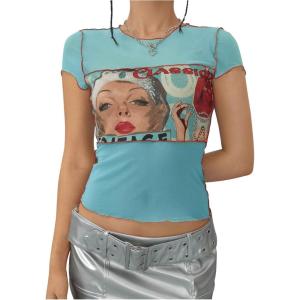 imageMakeMeChic Womens Y2k Mesh Top Short Sleeve Graphic Baby Tee Crop T Shirt TopsMint Blue