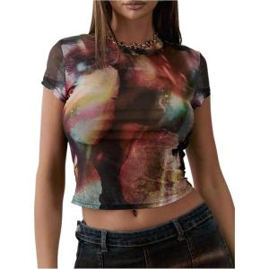 imageMakeMeChic Womens Y2k Mesh Top Short Sleeve Graphic Baby Tee Crop T Shirt TopsMulticolor