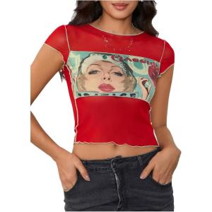 imageMakeMeChic Womens Y2k Mesh Top Short Sleeve Graphic Baby Tee Crop T Shirt TopsRed