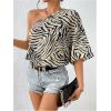 imageMakeMeChic Womens One Shoulder Blouse Zebra Striped Half Sleeve Asymmetrical Summer Dressy TopBeige