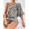 imageMakeMeChic Womens One Shoulder Blouse Zebra Striped Half Sleeve Asymmetrical Summer Dressy TopBeige