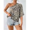 imageMakeMeChic Womens One Shoulder Blouse Zebra Striped Half Sleeve Asymmetrical Summer Dressy TopBeige