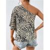 imageMakeMeChic Womens One Shoulder Blouse Zebra Striped Half Sleeve Asymmetrical Summer Dressy TopBeige