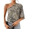imageMakeMeChic Womens One Shoulder Blouse Zebra Striped Half Sleeve Asymmetrical Summer Dressy TopBeige