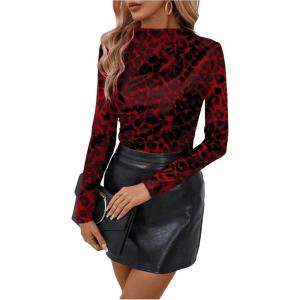 imageMakeMeChic Womens Leopard Print Mock Neck Slim Fit Long Sleeve Ruched Tee Shirt TopsRed a