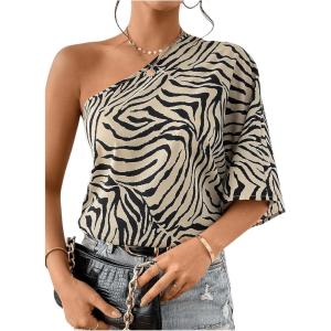 imageMakeMeChic Womens One Shoulder Blouse Zebra Striped Half Sleeve Asymmetrical Summer Dressy TopBeige