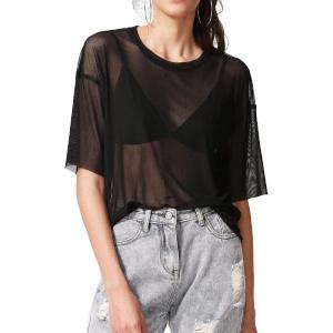 imageMakeMeChic Womens Summer Short Sleeve Tops Rock Concert Outfits Sequin See Through Mesh Sheer T Shirts BlouseA Black