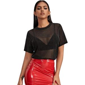 imageMakeMeChic Womens Summer Short Sleeve Tops Rock Concert Outfits Sequin See Through Mesh Sheer T Shirts BlouseB Black