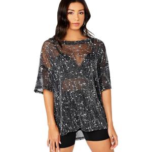 imageMakeMeChic Womens Summer Short Sleeve Tops Rock Concert Outfits Sequin See Through Mesh Sheer T Shirts BlouseBlack Galaxy