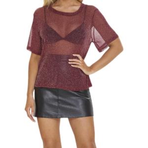 imageMakeMeChic Womens Summer Short Sleeve Tops Rock Concert Outfits Sequin See Through Mesh Sheer T Shirts BlouseBurgundy Glitter