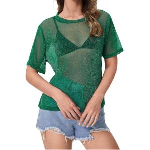 imageMakeMeChic Womens Summer Short Sleeve Tops Rock Concert Outfits Sequin See Through Mesh Sheer T Shirts BlouseDark Green Glitter