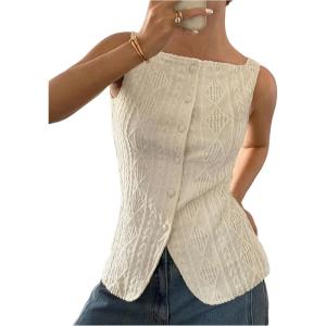 imageMakeMeChic Womens Vest Top Trendy Button Up Tank Tops Asymmetrical Y2k Going Out TopApricot B
