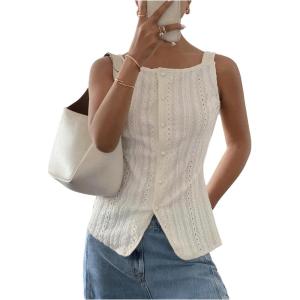 imageMakeMeChic Womens Vest Top Trendy Button Up Tank Tops Asymmetrical Y2k Going Out TopBeige