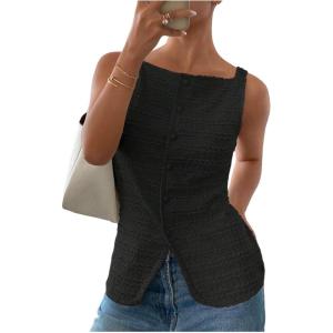 imageMakeMeChic Womens Vest Top Trendy Button Up Tank Tops Asymmetrical Y2k Going Out TopBlack
