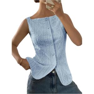 imageMakeMeChic Womens Vest Top Trendy Button Up Tank Tops Asymmetrical Y2k Going Out TopBlue