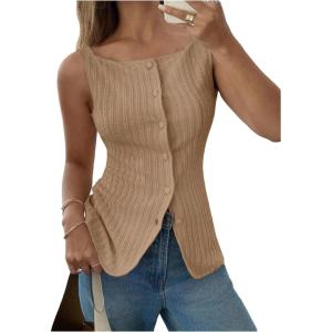 imageMakeMeChic Womens Vest Top Trendy Button Up Tank Tops Asymmetrical Y2k Going Out TopKhaki