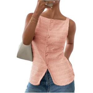 imageMakeMeChic Womens Vest Top Trendy Button Up Tank Tops Asymmetrical Y2k Going Out TopPink