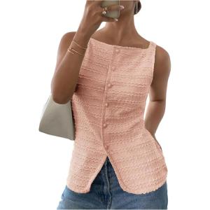 imageMakeMeChic Womens Vest Top Trendy Button Up Tank Tops Asymmetrical Y2k Going Out TopPink a