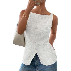 imageMakeMeChic Womens Vest Top Trendy Button Up Tank Tops Asymmetrical Y2k Going Out TopWhite