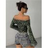 imageMakeMeChic Womens Cheetah Print Top Off The Shoulder Bell Sleeve Tops Mesh Lettuce Trim Y2K Cropped Tee ShirtArmy Green
