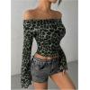 imageMakeMeChic Womens Cheetah Print Top Off The Shoulder Bell Sleeve Tops Mesh Lettuce Trim Y2K Cropped Tee ShirtArmy Green