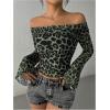 imageMakeMeChic Womens Cheetah Print Top Off The Shoulder Bell Sleeve Tops Mesh Lettuce Trim Y2K Cropped Tee ShirtArmy Green