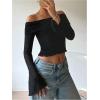 imageMakeMeChic Womens Cheetah Print Top Off The Shoulder Bell Sleeve Tops Mesh Lettuce Trim Y2K Cropped Tee ShirtBlack