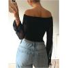 imageMakeMeChic Womens Cheetah Print Top Off The Shoulder Bell Sleeve Tops Mesh Lettuce Trim Y2K Cropped Tee ShirtBlack