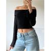 imageMakeMeChic Womens Cheetah Print Top Off The Shoulder Bell Sleeve Tops Mesh Lettuce Trim Y2K Cropped Tee ShirtBlack