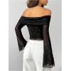 imageMakeMeChic Womens Cheetah Print Top Off The Shoulder Bell Sleeve Tops Mesh Lettuce Trim Y2K Cropped Tee ShirtBlack C