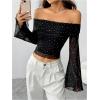 imageMakeMeChic Womens Cheetah Print Top Off The Shoulder Bell Sleeve Tops Mesh Lettuce Trim Y2K Cropped Tee ShirtBlack C