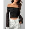 imageMakeMeChic Womens Cheetah Print Top Off The Shoulder Bell Sleeve Tops Mesh Lettuce Trim Y2K Cropped Tee ShirtBlack C