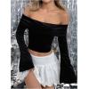 imageMakeMeChic Womens Cheetah Print Top Off The Shoulder Bell Sleeve Tops Mesh Lettuce Trim Y2K Cropped Tee ShirtBlack D