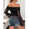 imageMakeMeChic Womens Cheetah Print Top Off The Shoulder Bell Sleeve Tops Mesh Lettuce Trim Y2K Cropped Tee ShirtBlack a