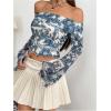 imageMakeMeChic Womens Cheetah Print Top Off The Shoulder Bell Sleeve Tops Mesh Lettuce Trim Y2K Cropped Tee ShirtBlue