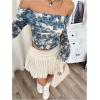 imageMakeMeChic Womens Cheetah Print Top Off The Shoulder Bell Sleeve Tops Mesh Lettuce Trim Y2K Cropped Tee ShirtBlue