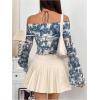 imageMakeMeChic Womens Cheetah Print Top Off The Shoulder Bell Sleeve Tops Mesh Lettuce Trim Y2K Cropped Tee ShirtBlue