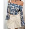 imageMakeMeChic Womens Cheetah Print Top Off The Shoulder Bell Sleeve Tops Mesh Lettuce Trim Y2K Cropped Tee ShirtBlue