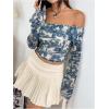 imageMakeMeChic Womens Cheetah Print Top Off The Shoulder Bell Sleeve Tops Mesh Lettuce Trim Y2K Cropped Tee ShirtBlue