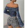 imageMakeMeChic Womens Cheetah Print Top Off The Shoulder Bell Sleeve Tops Mesh Lettuce Trim Y2K Cropped Tee ShirtBlue B