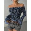 imageMakeMeChic Womens Cheetah Print Top Off The Shoulder Bell Sleeve Tops Mesh Lettuce Trim Y2K Cropped Tee ShirtBlue B